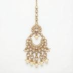 Ivory Heirloom Crescent Tikka gold chandbali maang tikka with clear crystals and pearl drops on gray background