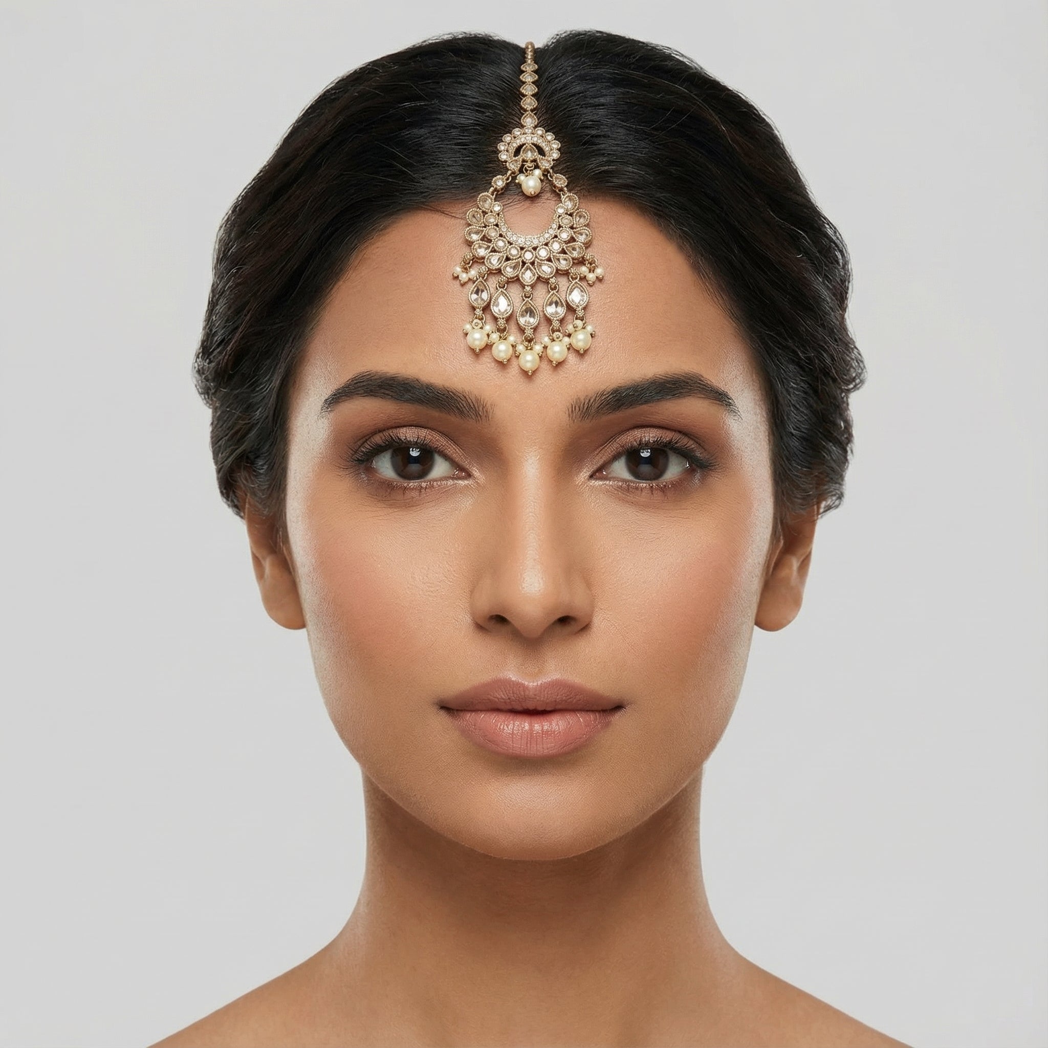 Ivory Heirloom Crescent Tikka detail showing pear-cut crystal chain, kundan crescent, and pearl fringe