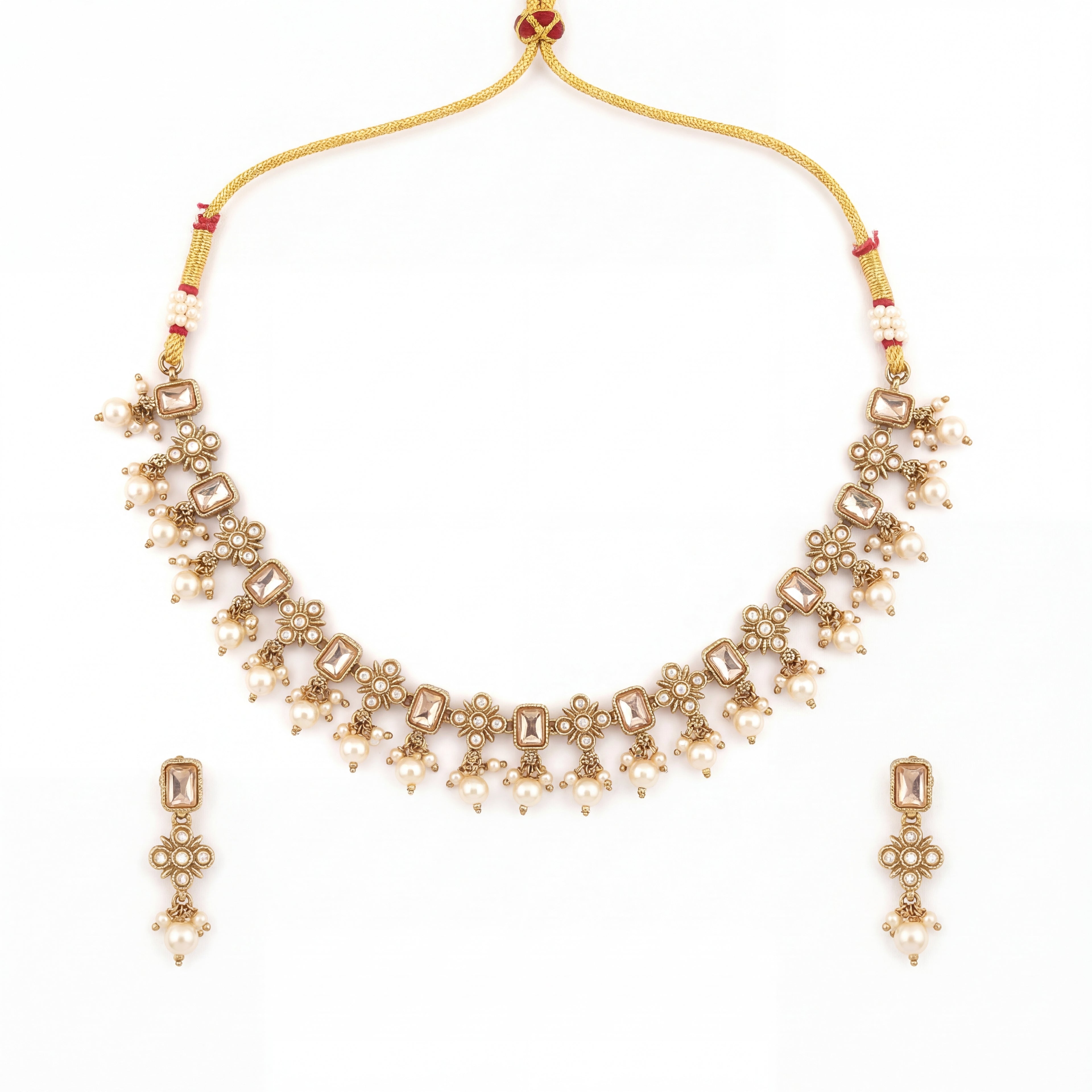 Rajasi Pearl Polki Necklace Set antique gold choker with pearl drops and matching earrings