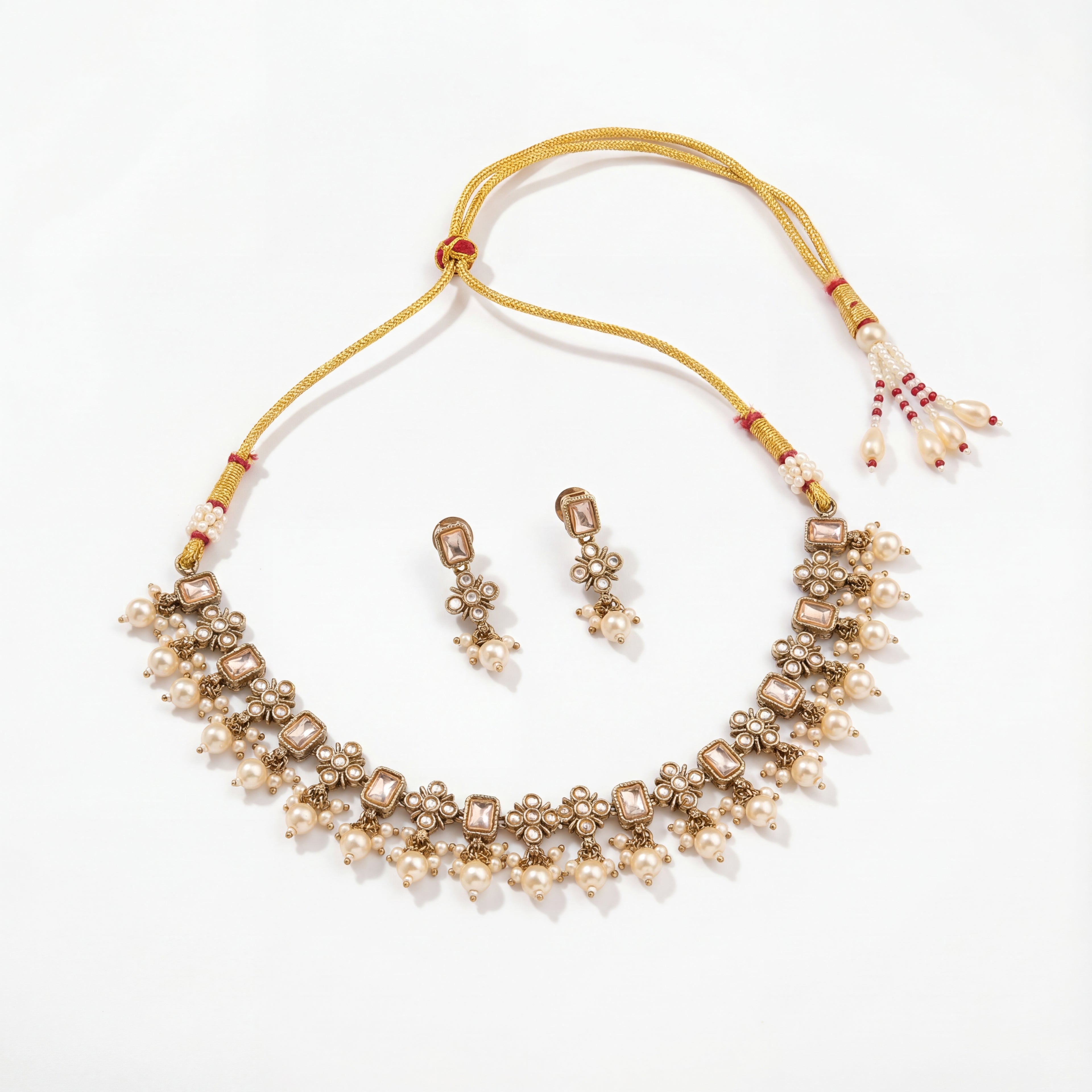 Rajasi Pearl Polki Necklace Set detail of rectangular polki motifs and pearl fringe