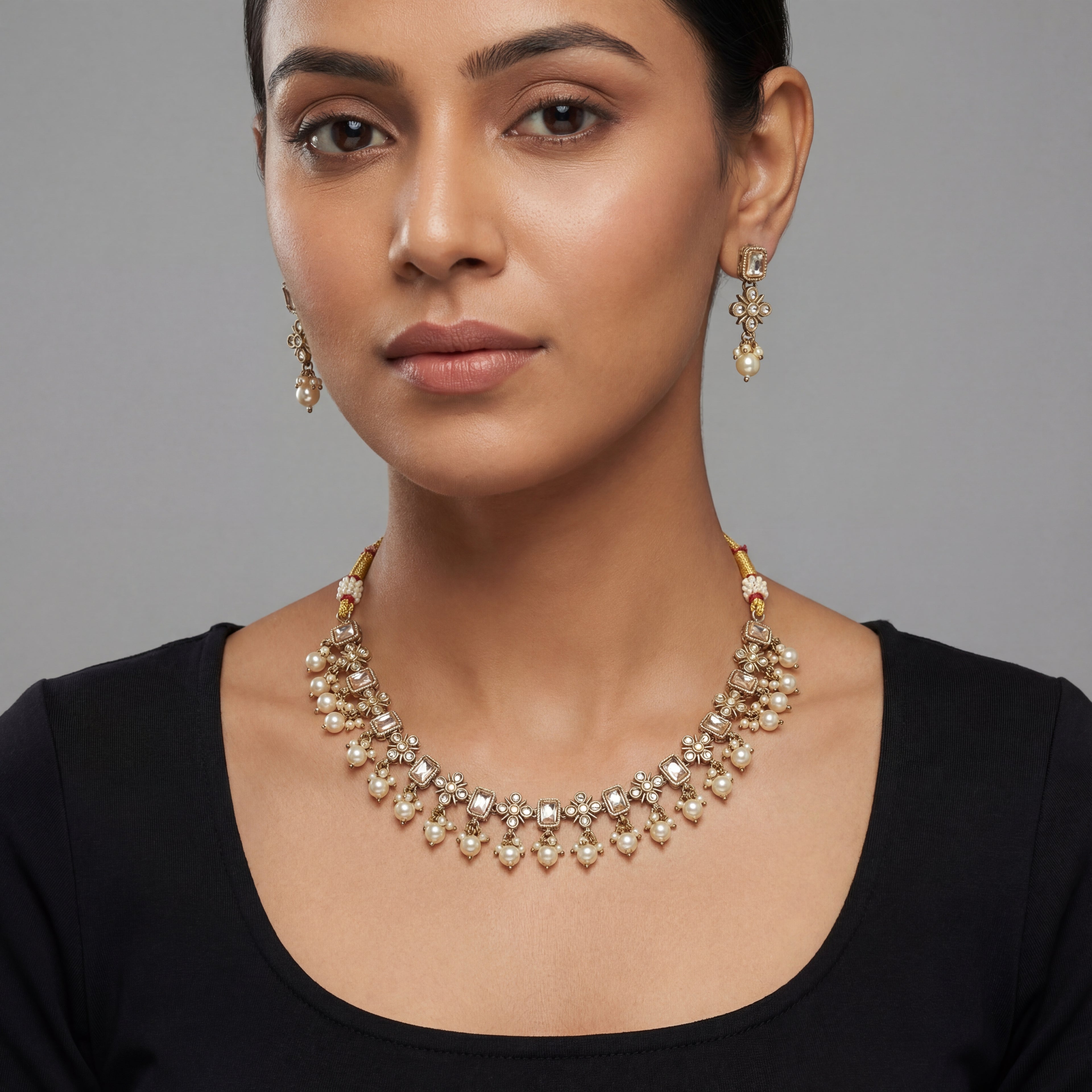 Rajasi Pearl Polki Necklace Set detail of rectangular polki motifs and pearl fringe