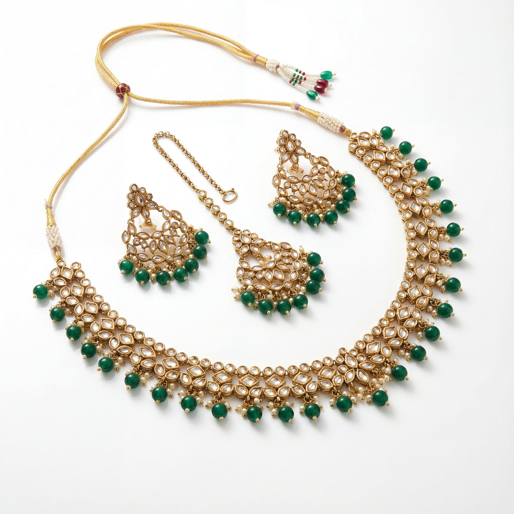 Anaya Emerald Kundan Necklace Set gold-plated kundan necklace with matching earrings and tikka for Indian bridal