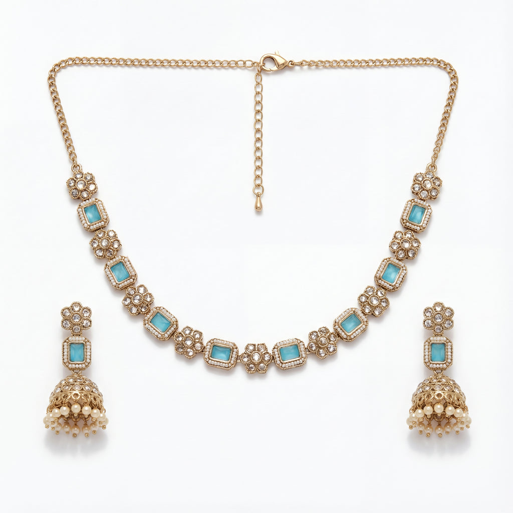 Detail flatlay of the aqua necklace set, highlighting the stonework and earrings.