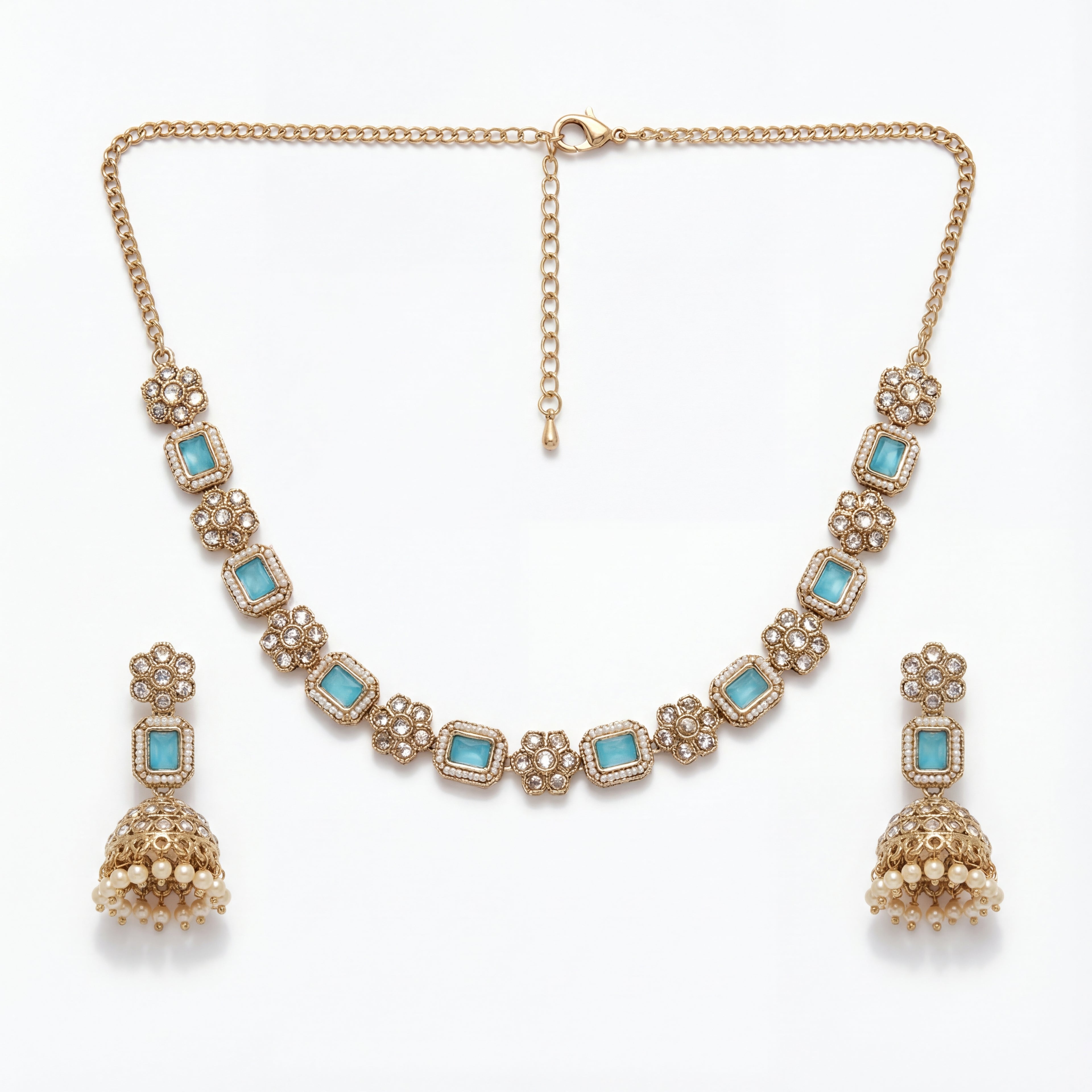 Detail flatlay of the aqua necklace set, highlighting the stonework and earrings.