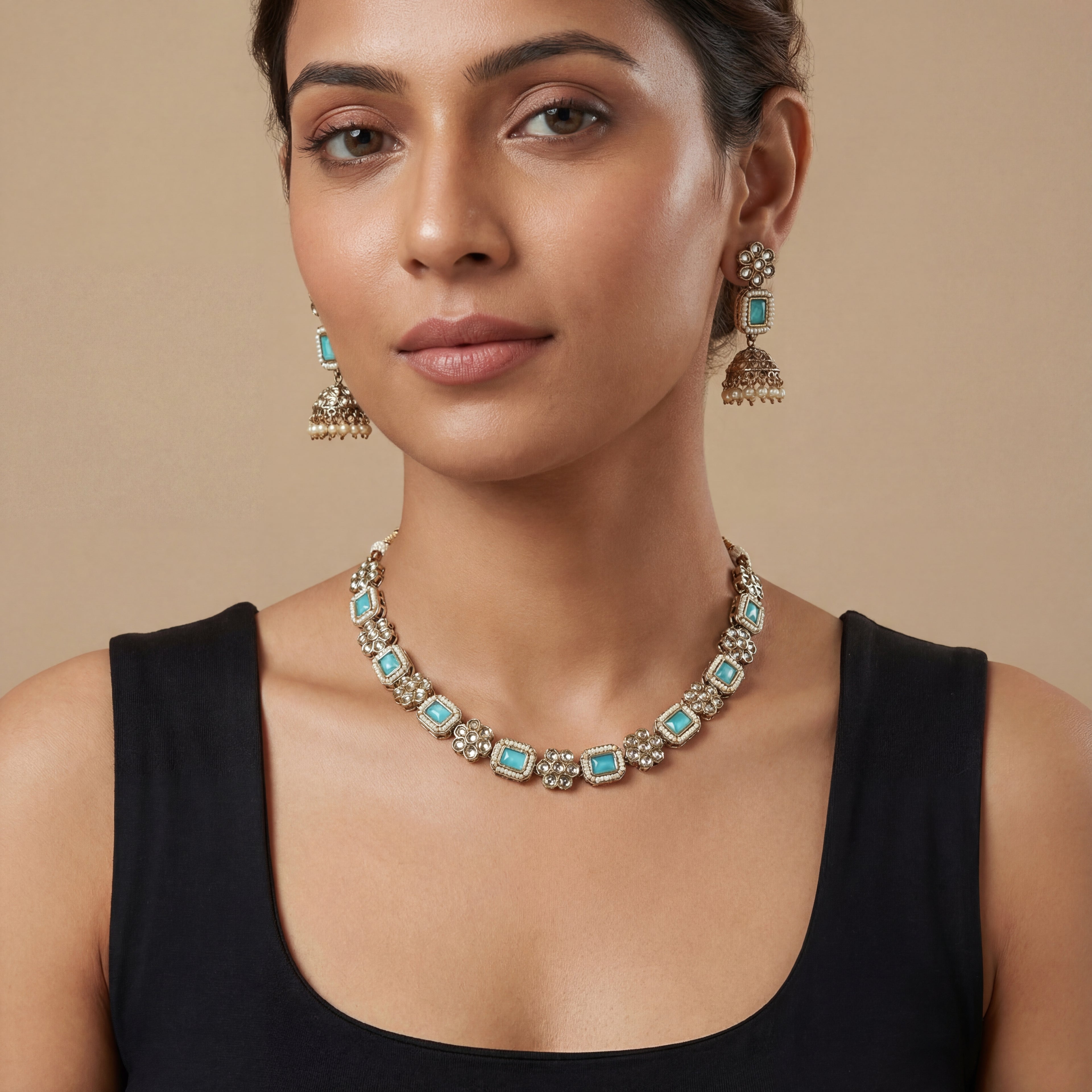 South Asian woman wearing the aqua necklace set — bridal look.