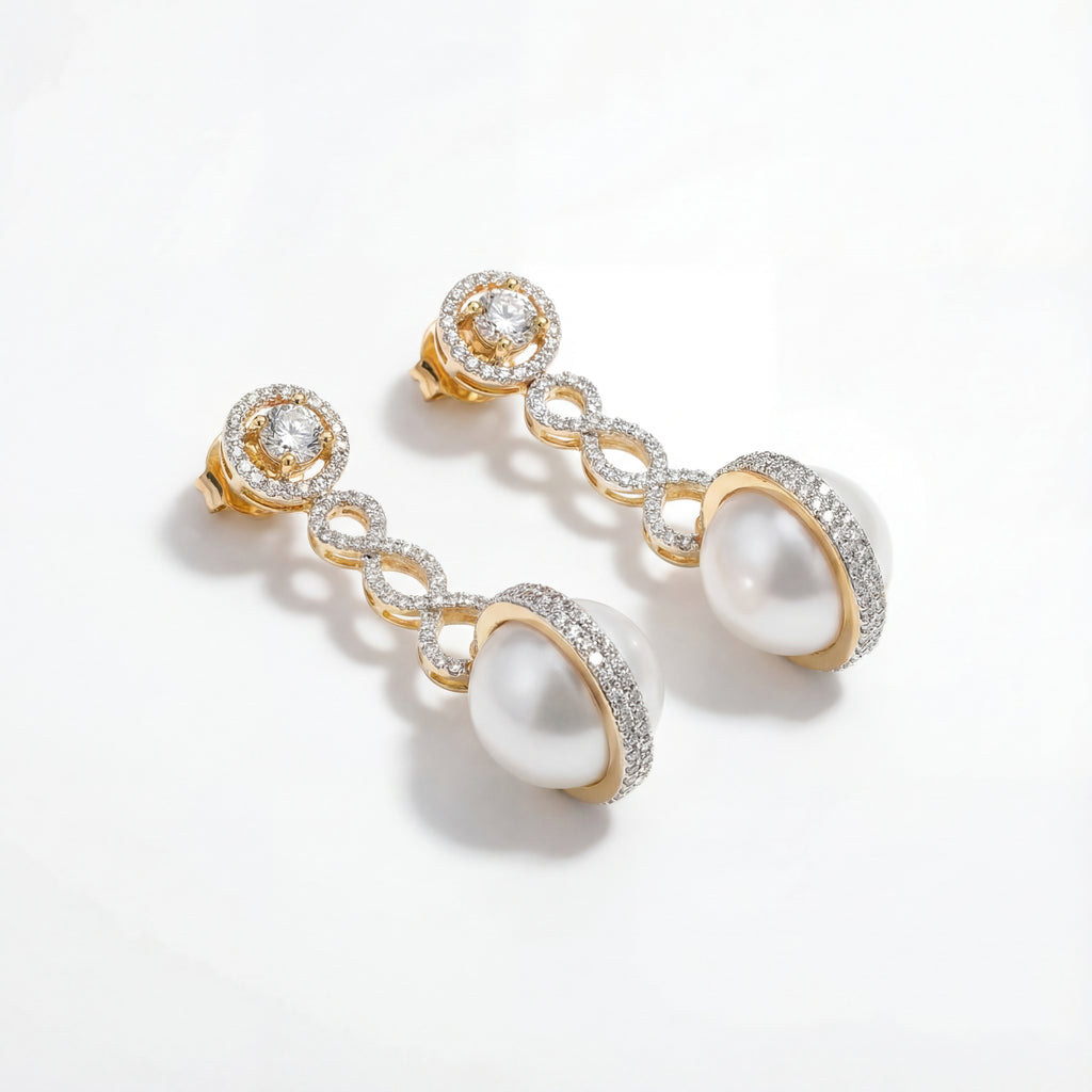 Ruhani Pearl Orbit Earrings orbit earrings photographed from another angle