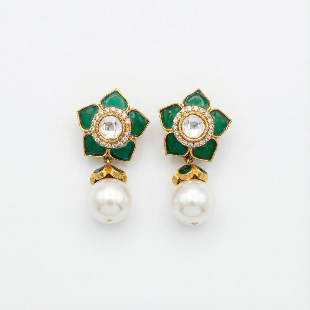 Emerald Floral Pearl Earrings gold-plated statement earrings for Indian bridal and festive wear