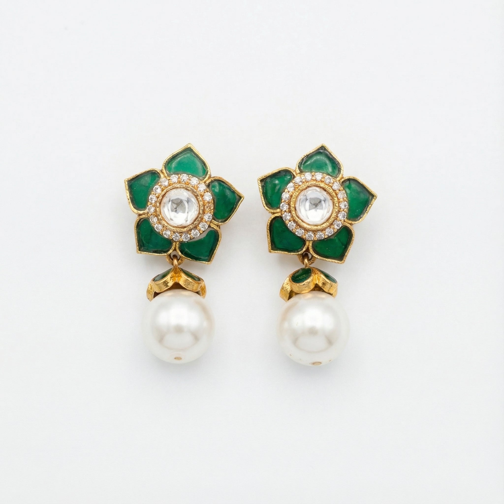 Emerald Floral Pearl Earrings gold-plated statement earrings for Indian bridal and festive wear
