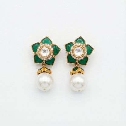 Emerald Floral Pearl Earrings