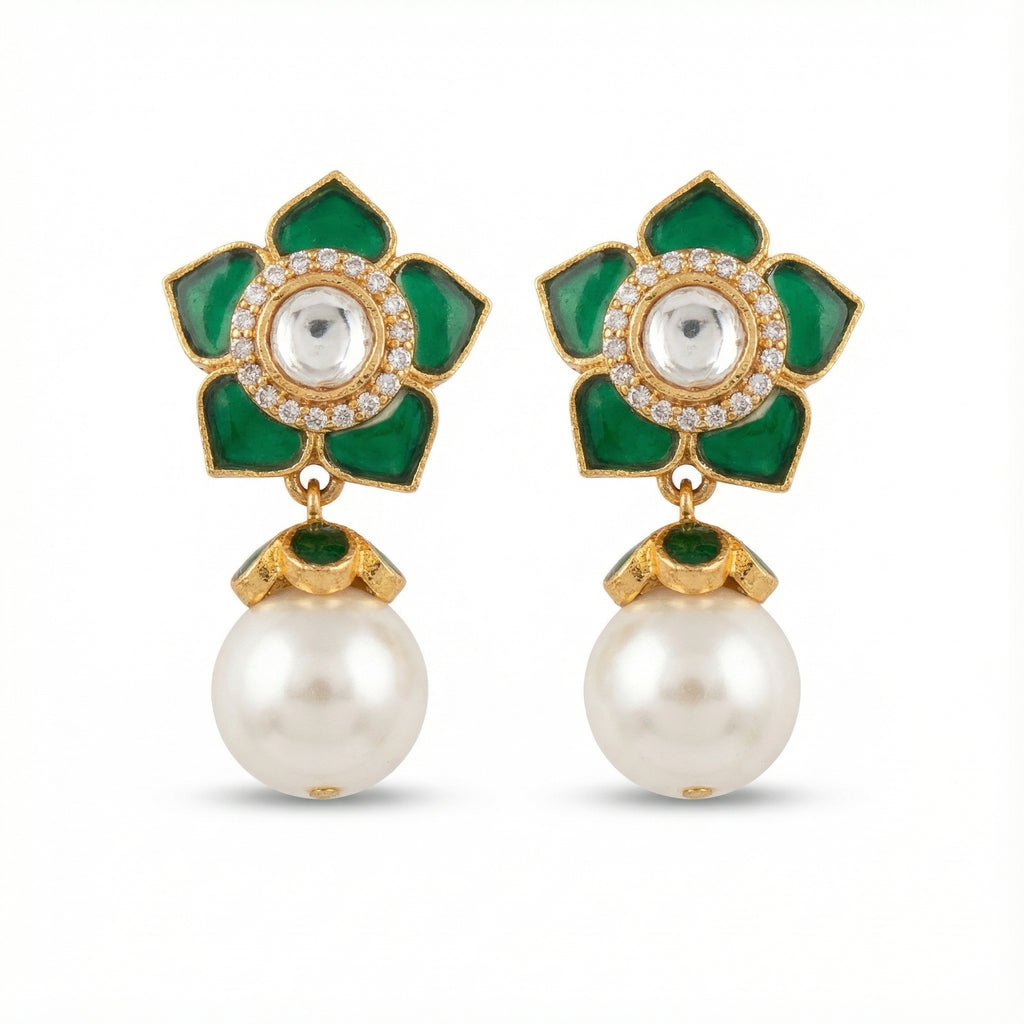 Emerald Floral Pearl Earrings statement earrings photographed from another angle
