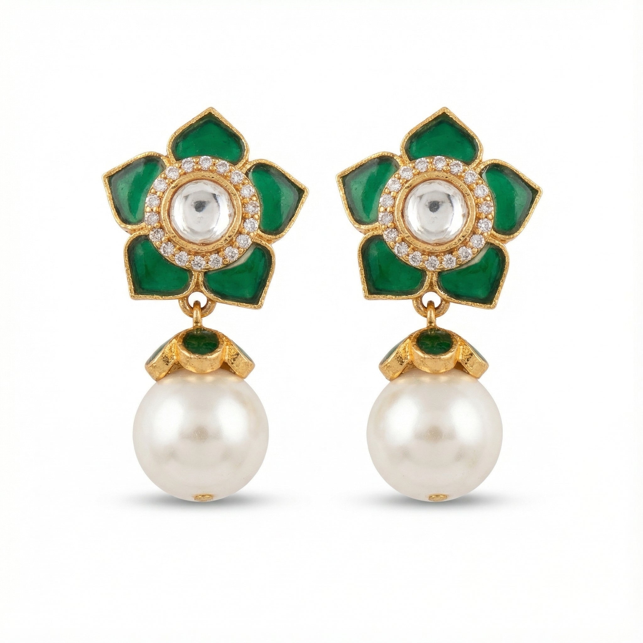 Emerald Floral Pearl Earrings statement earrings photographed from another angle