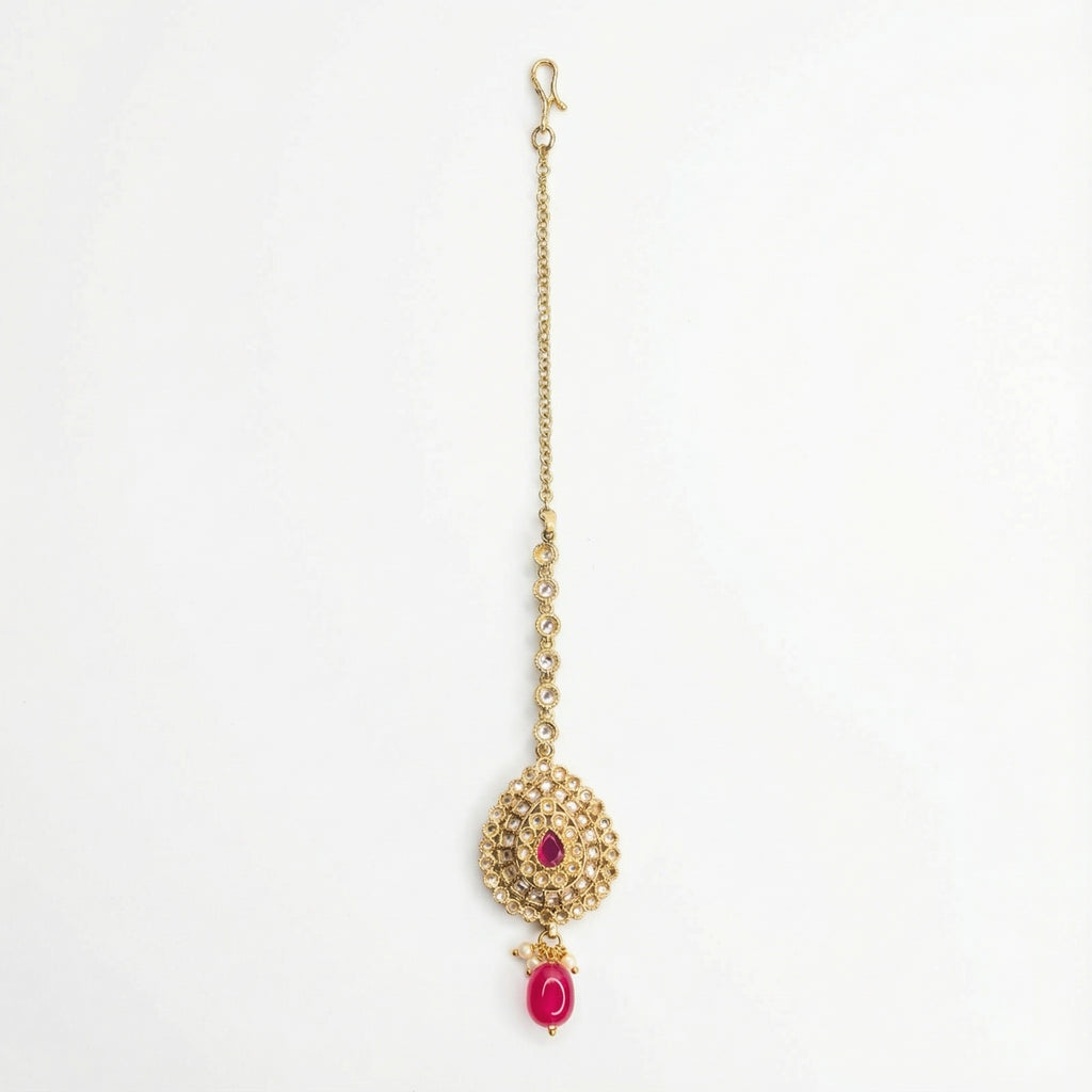 Mehru Ruby Medallion Tikka gold teardrop kundan maang tikka with ruby center and oval bead drop
