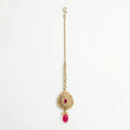 Mehru Ruby Medallion Tikka gold teardrop kundan maang tikka with ruby center and oval bead drop