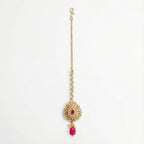 Mehru Ruby Medallion Tikka gold teardrop kundan maang tikka with ruby center and oval bead drop