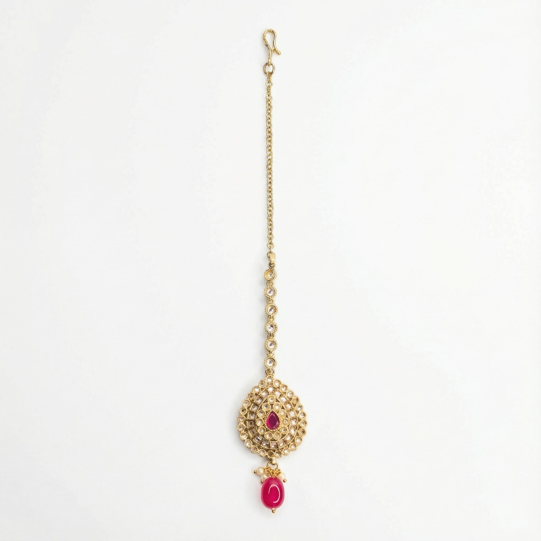 Mehru Ruby Medallion Tikka gold teardrop kundan maang tikka with ruby center and oval bead drop