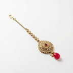 Mehru Ruby Medallion Tikka detail showing pavé teardrop medallion and pink oval dangle