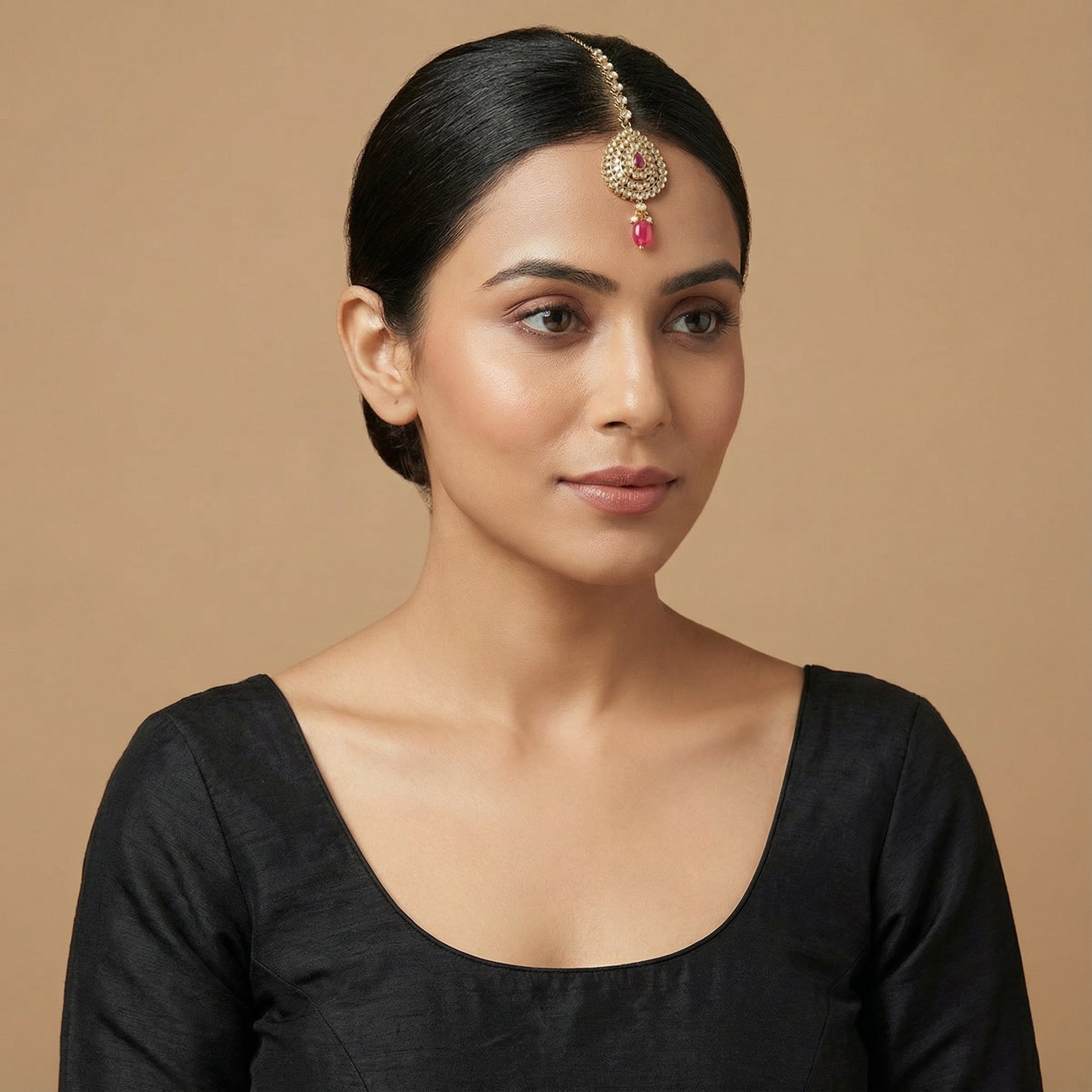 Mehru Ruby Medallion Tikka detail showing pavé teardrop medallion and pink oval dangle
