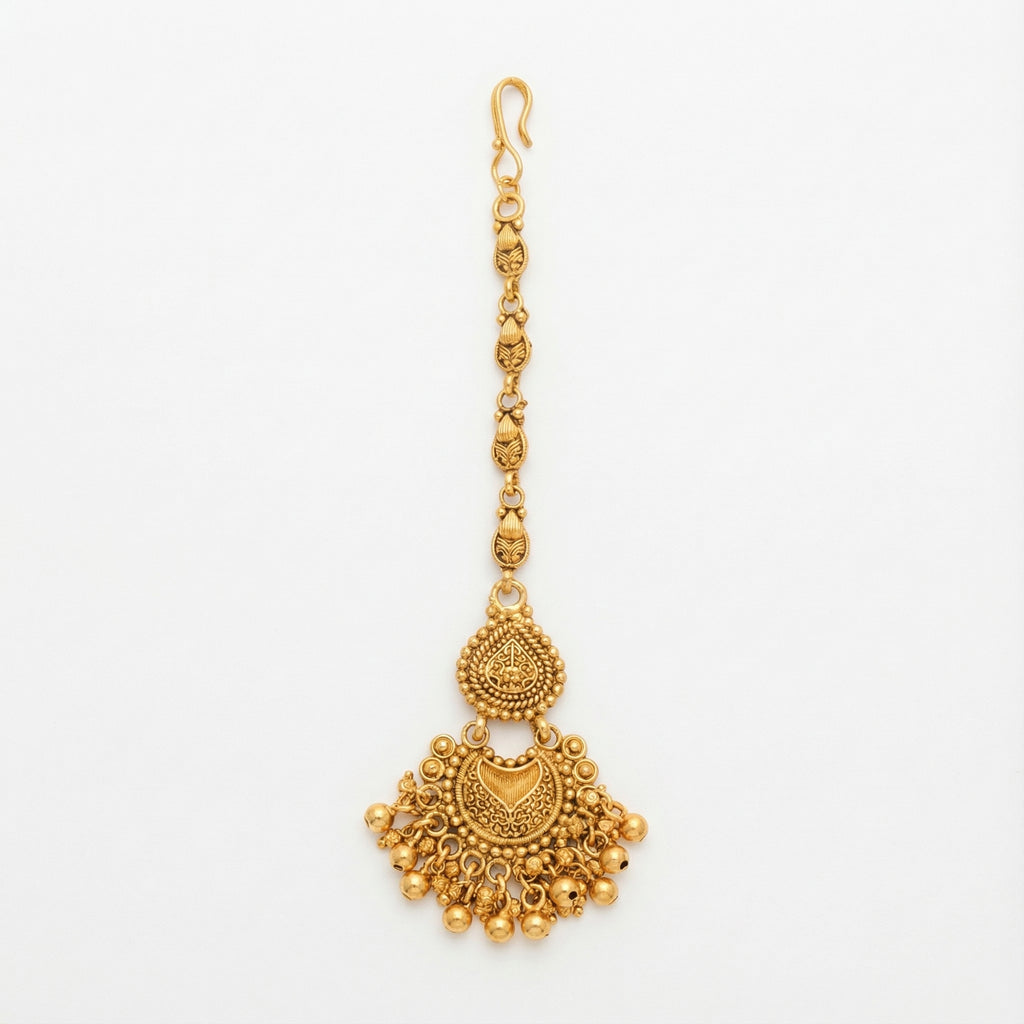 Anika Temple Drop Tikka antique gold-tone temple maang tikka with beaded fringe on gray background