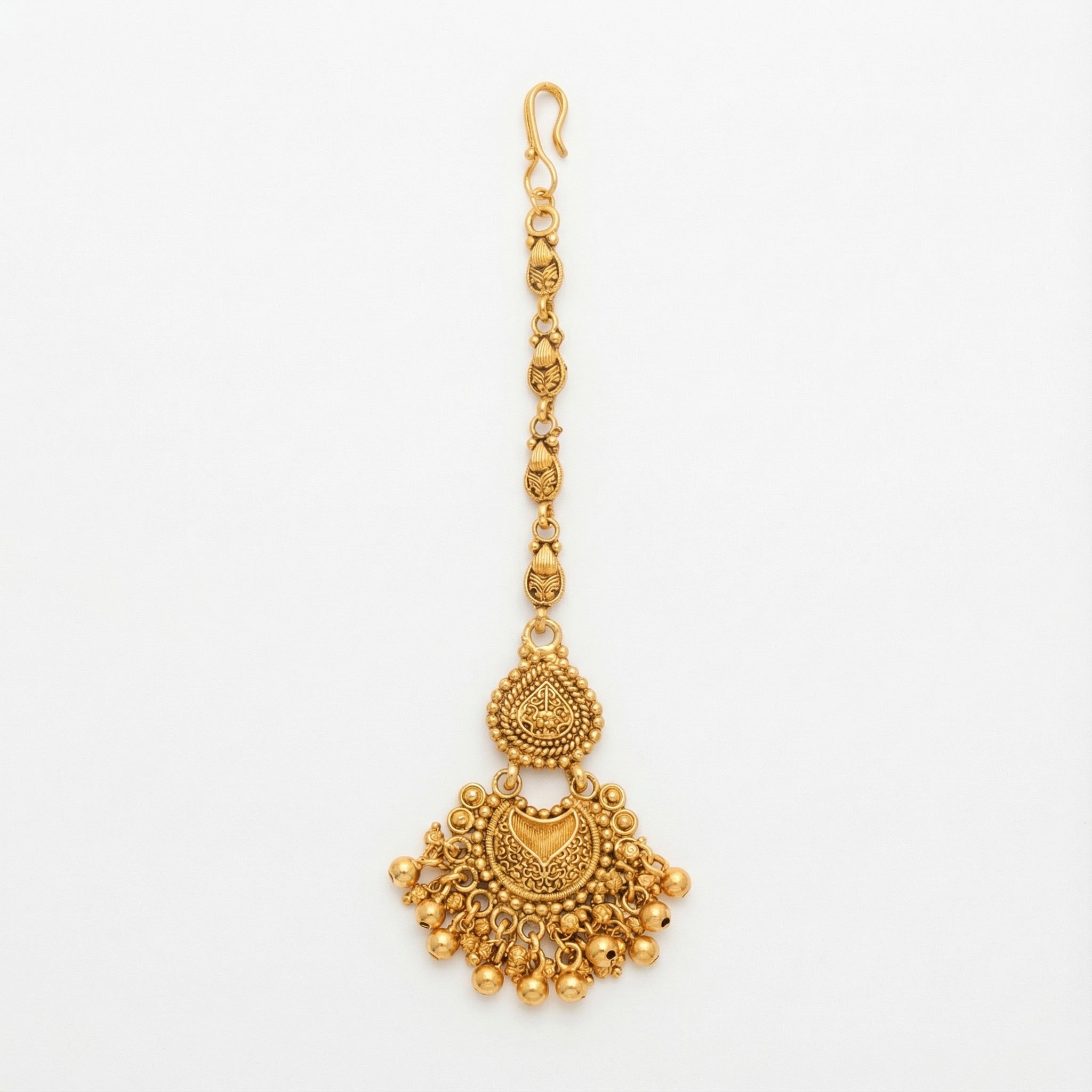 Anika Temple Drop Tikka antique gold-tone temple maang tikka with beaded fringe on gray background