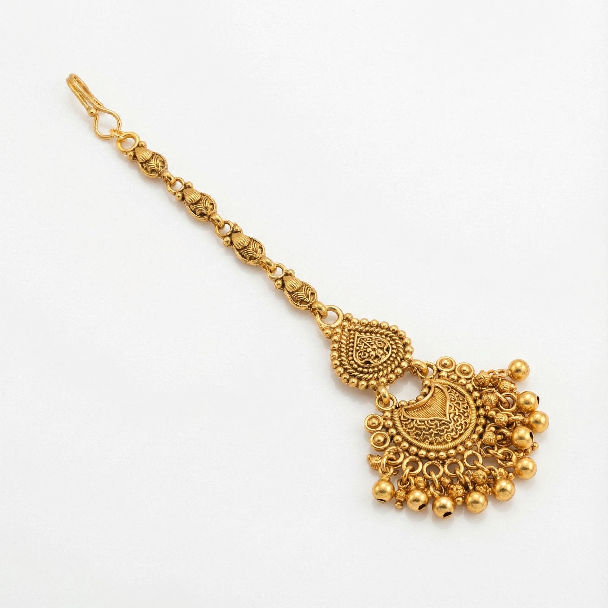 Anika Temple Drop Tikka detail of embossed crescent pendant and granulated teardrop tier