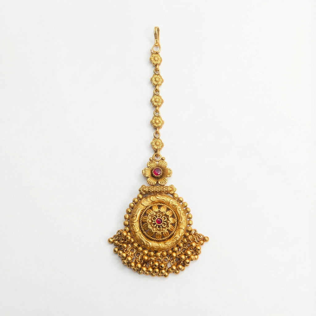 Rajasi Temple Medallion Tikka antique gold temple maang tikka with ruby flowers and ghungroo fringe