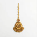 Rajasi Temple Medallion Tikka antique gold temple maang tikka with ruby flowers and ghungroo fringe