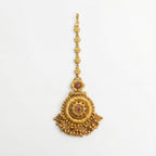 Rajasi Temple Medallion Tikka antique gold temple maang tikka with ruby flowers and ghungroo fringe