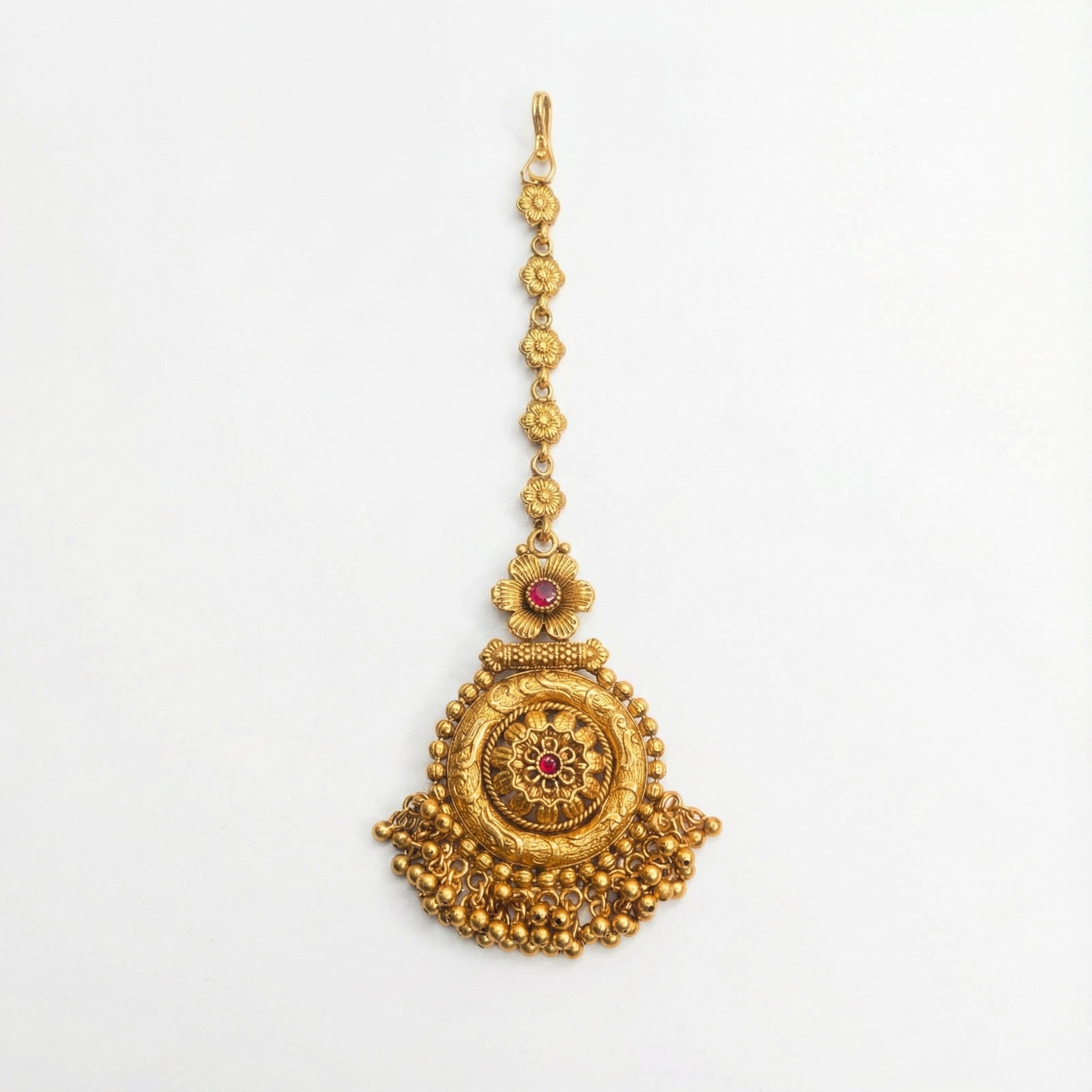 Rajasi Temple Medallion Tikka antique gold temple maang tikka with ruby flowers and ghungroo fringe
