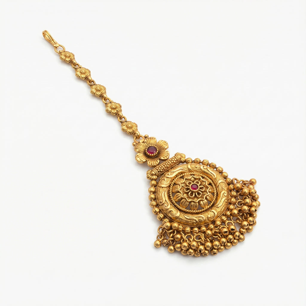 Rajasi Temple Medallion Tikka detail showing granulated medallion and dense bead fringe