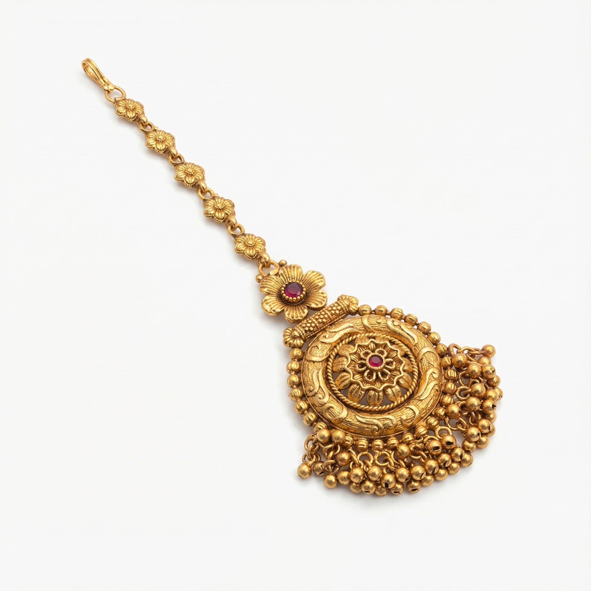 Rajasi Temple Medallion Tikka detail showing granulated medallion and dense bead fringe