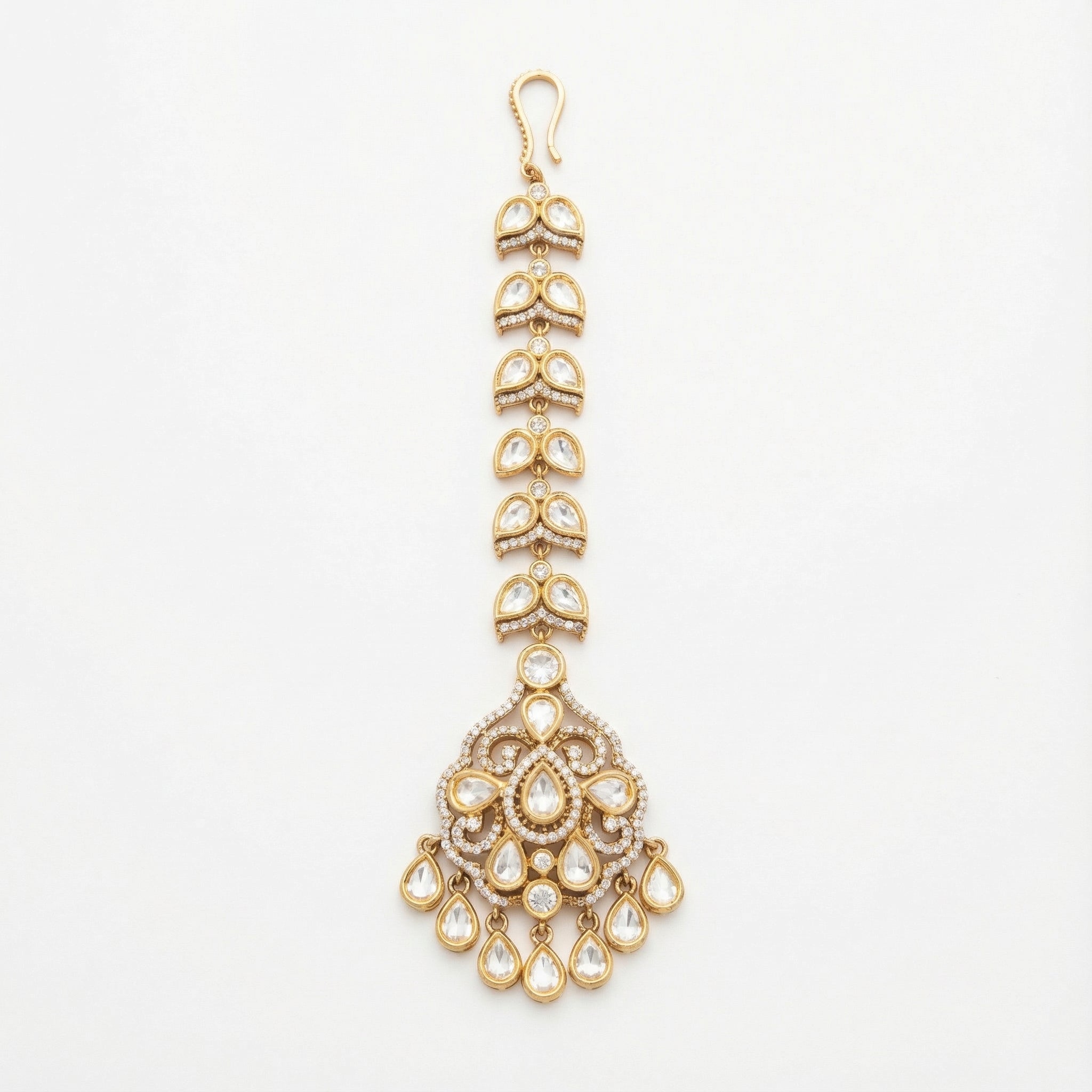 Aranya Polki Chandelier Tikka gold chandelier maang tikka with polki pendant and teardrop charms on gray background