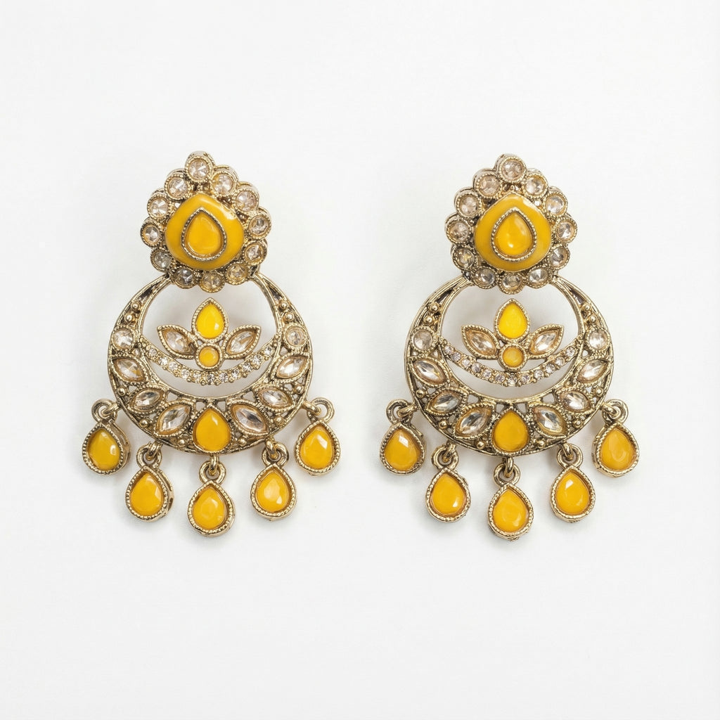 Haldi Crest Statement Earrings oxidized silver chandbalis with yellow stones on white background
