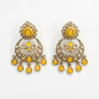 Haldi Crest Statement Earrings oxidized silver chandbalis with yellow stones on white background