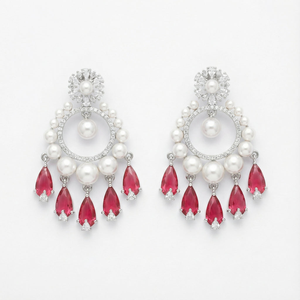 Ivra Ruby Halo Drops rhodium pearl hoop earrings with ruby pear fringe