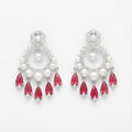 Ivra Ruby Halo Drops rhodium pearl hoop earrings with ruby pear fringe