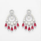 Ivra Ruby Halo Drops rhodium pearl hoop earrings with ruby pear fringe