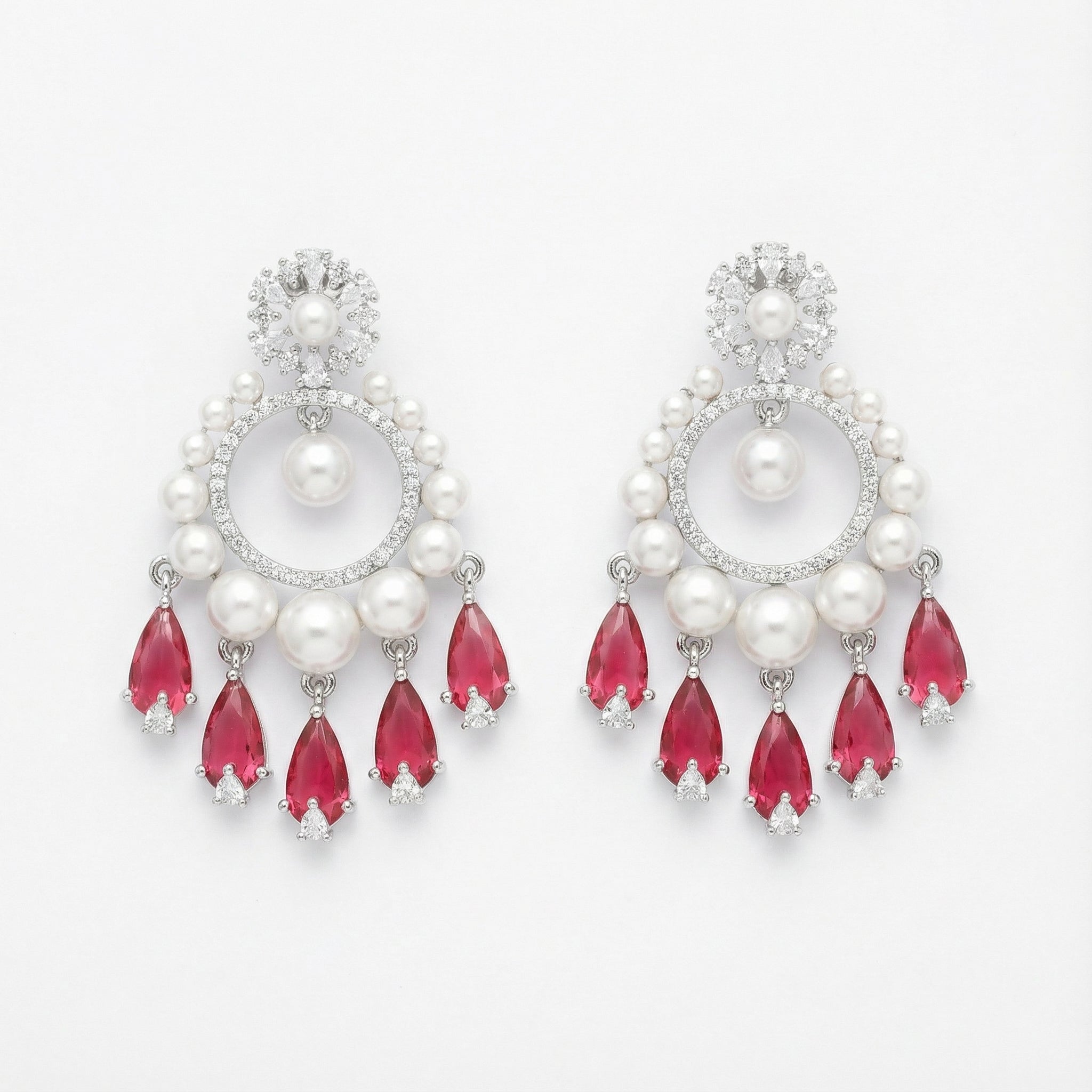Ivra Ruby Halo Drops rhodium pearl hoop earrings with ruby pear fringe