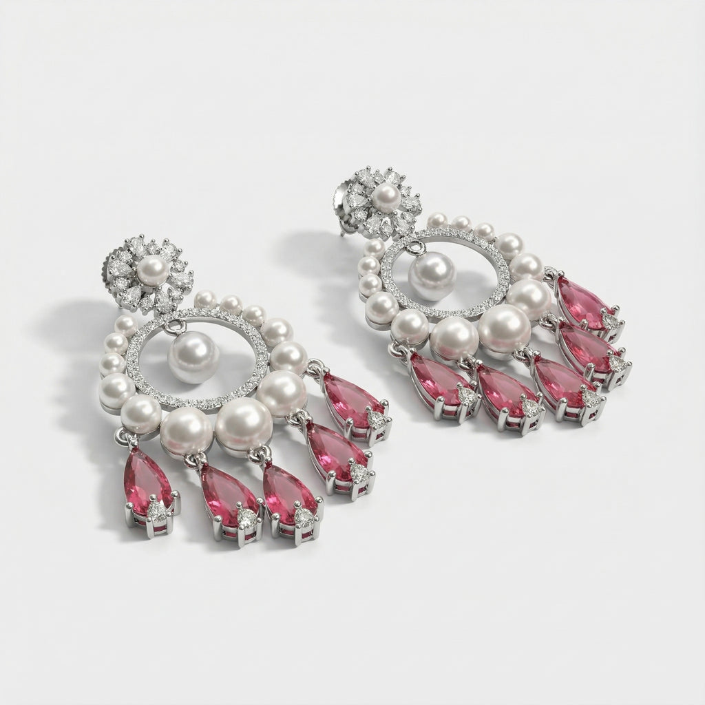 Ivra Ruby Halo Drops detail showing pearl halo and ruby teardrop fringe