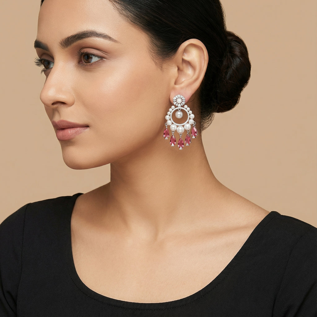Ivra Ruby Halo Drops detail showing pearl halo and ruby teardrop fringe