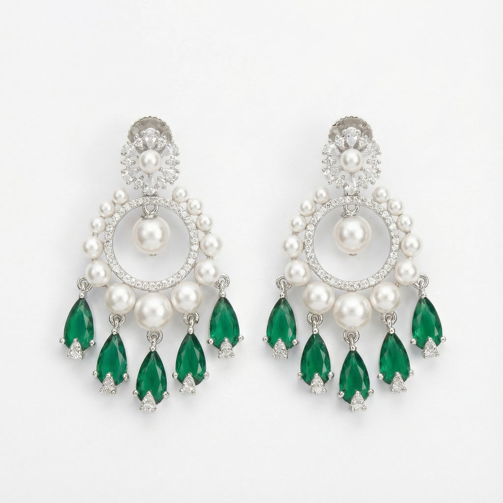 Emerald Halo Drop Earrings rhodium pearl hoop with emerald pear drops