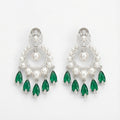 Emerald Halo Drop Earrings rhodium pearl hoop with emerald pear drops