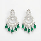 Emerald Halo Drop Earrings rhodium pearl hoop with emerald pear drops