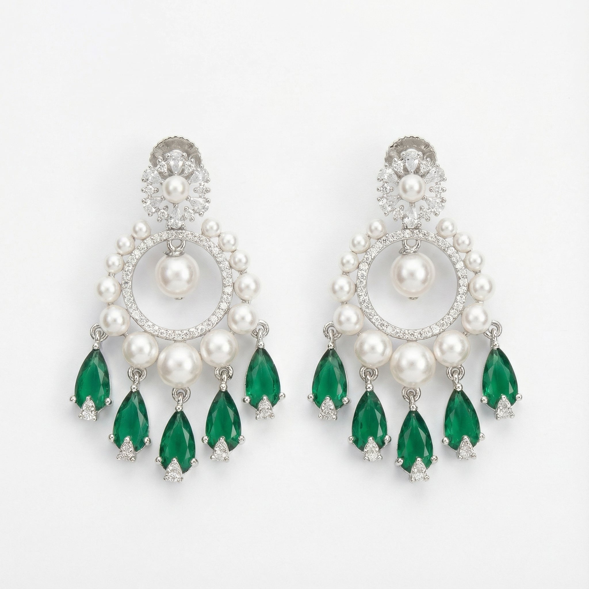 Emerald Halo Drop Earrings rhodium pearl hoop with emerald pear drops