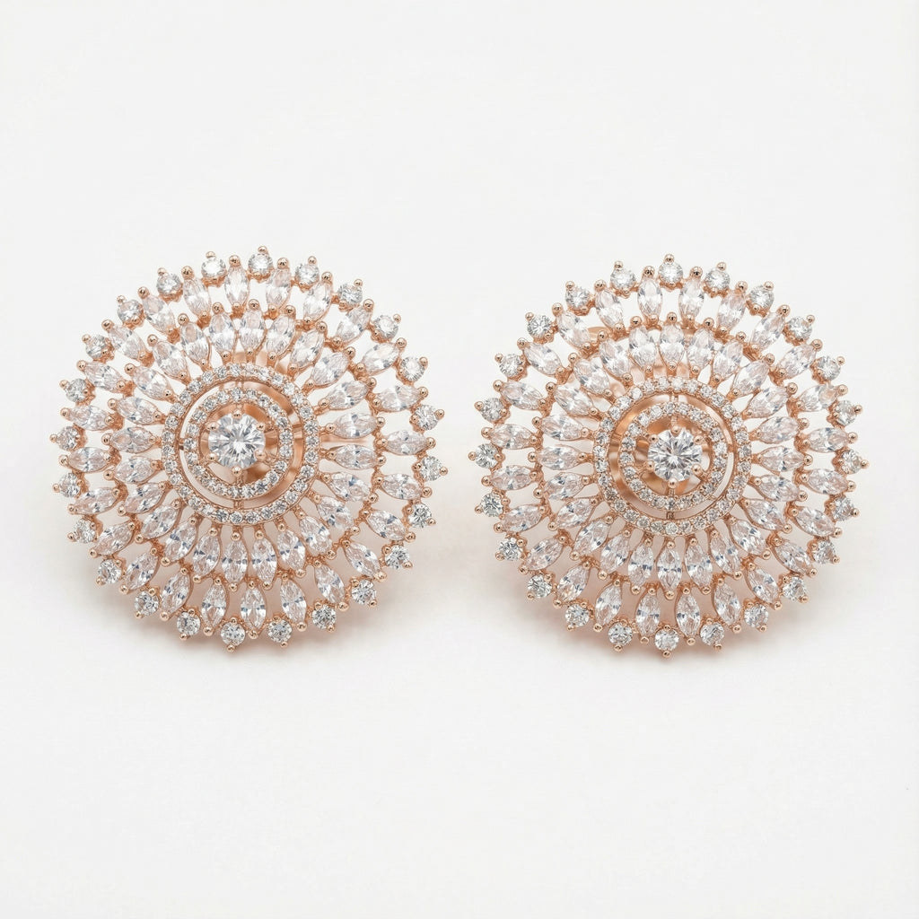 Helia Crystal Bloom Stud Earrings rose-gold sunburst mandala studs with clear crystals