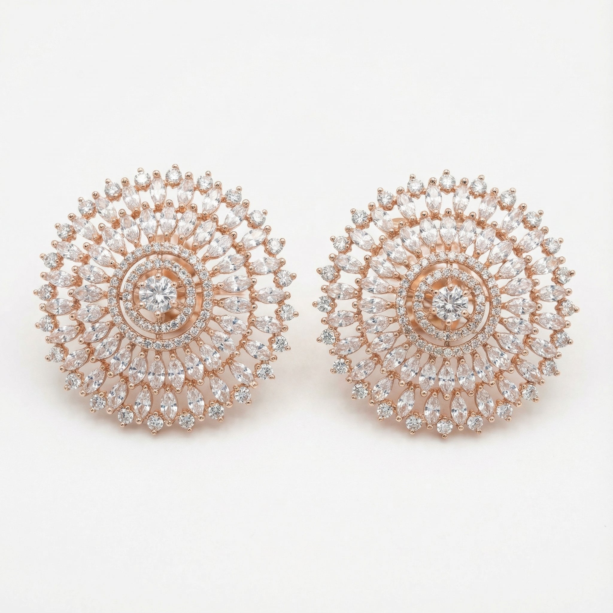 Helia Crystal Bloom Stud Earrings rose-gold sunburst mandala studs with clear crystals