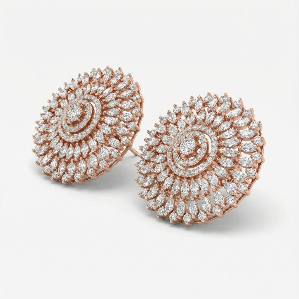 Helia Crystal Bloom Stud Earrings detail showing marquise ray tiers and pavé halos