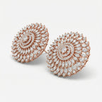 Helia Crystal Bloom Stud Earrings detail showing marquise ray tiers and pavé halos