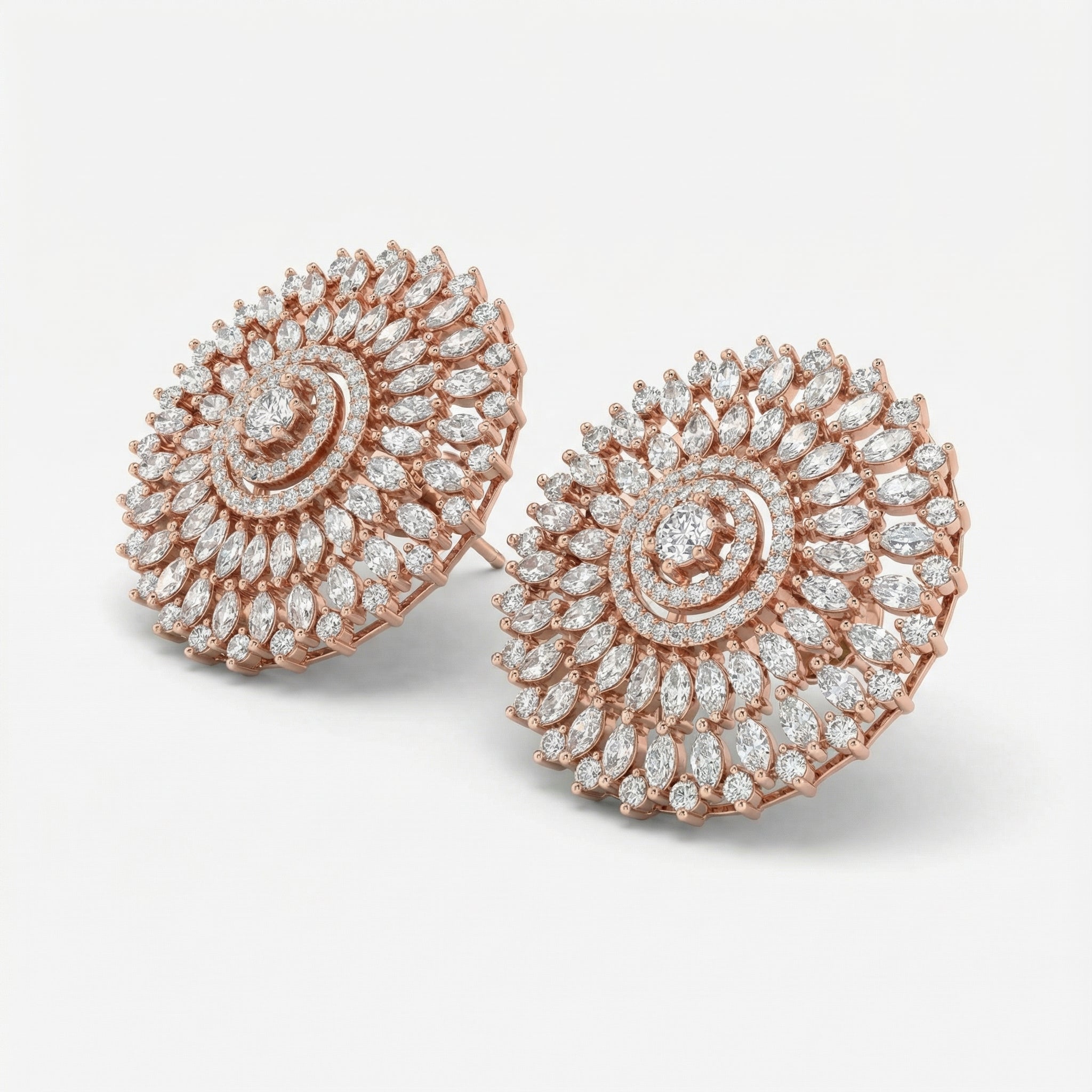 Helia Crystal Bloom Stud Earrings detail showing marquise ray tiers and pavé halos