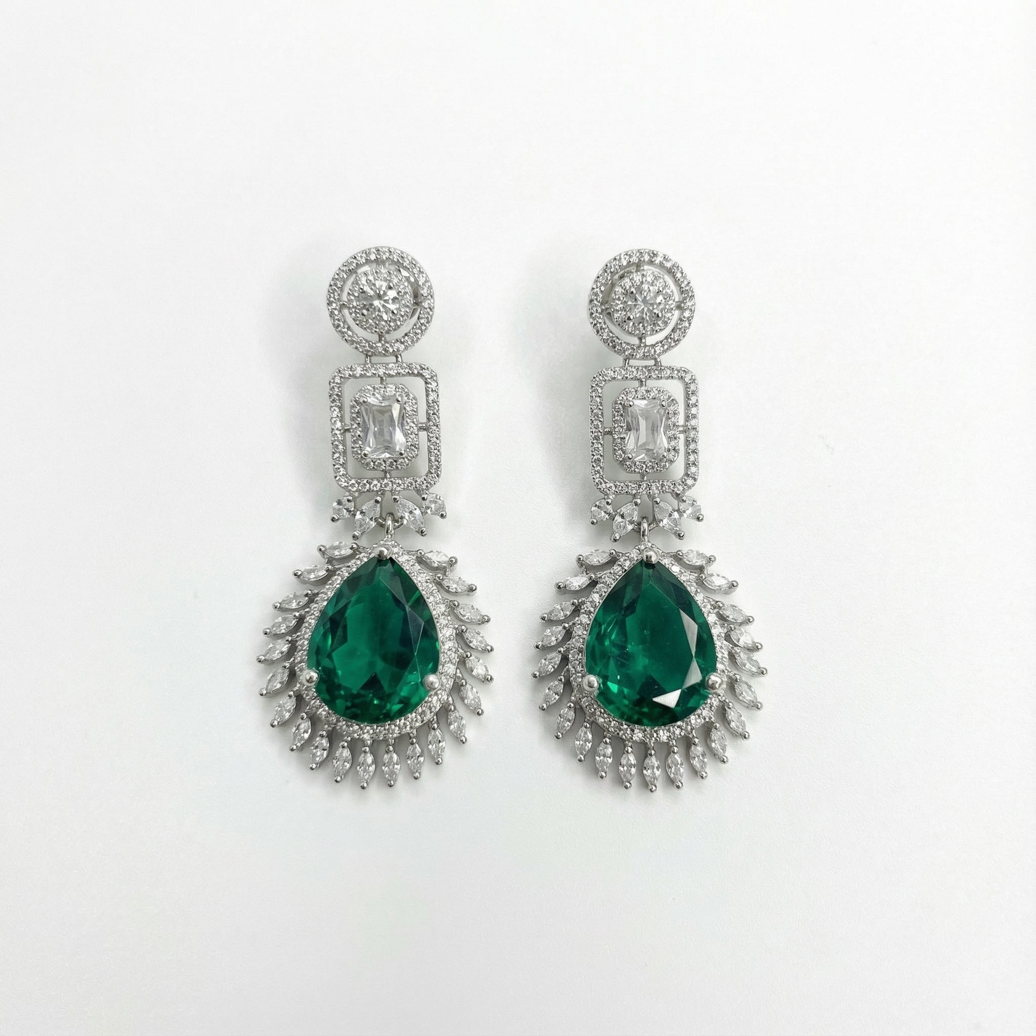 Elowen Emerald Descent Earrings rhodium emerald pear drops with marquise halo