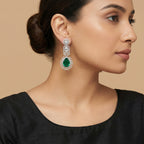 Elowen Emerald Descent Earrings detail showing sunburst marquise border and green teardrop